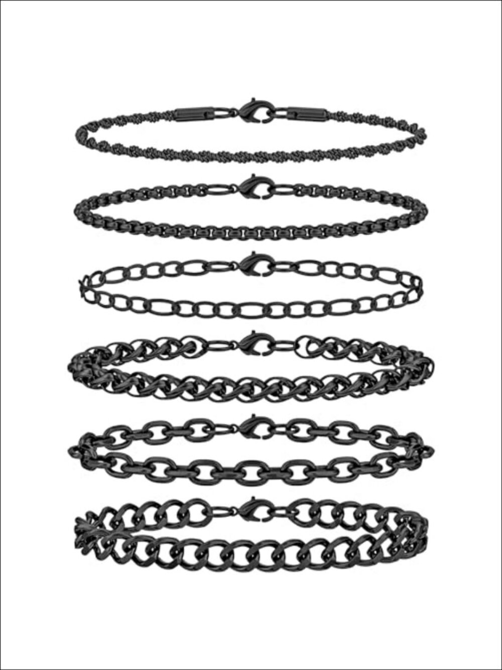 6PC Stainless Steel Chain Bracelet Set Cuban Figaro Rope Box Wheat